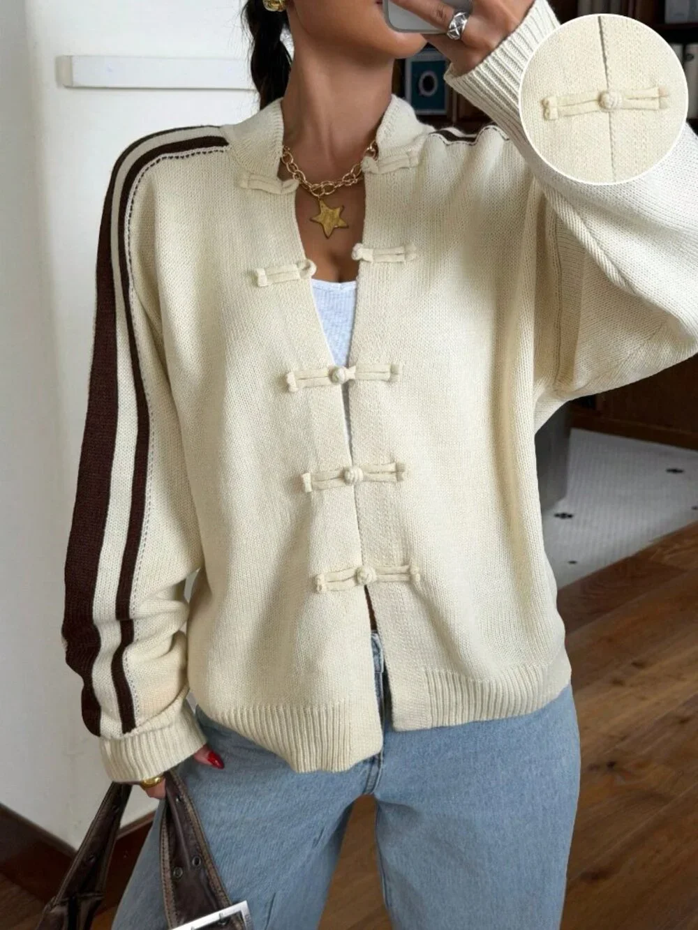 Apricot Casual Women's Frog Button Long Sleeve Cardigan